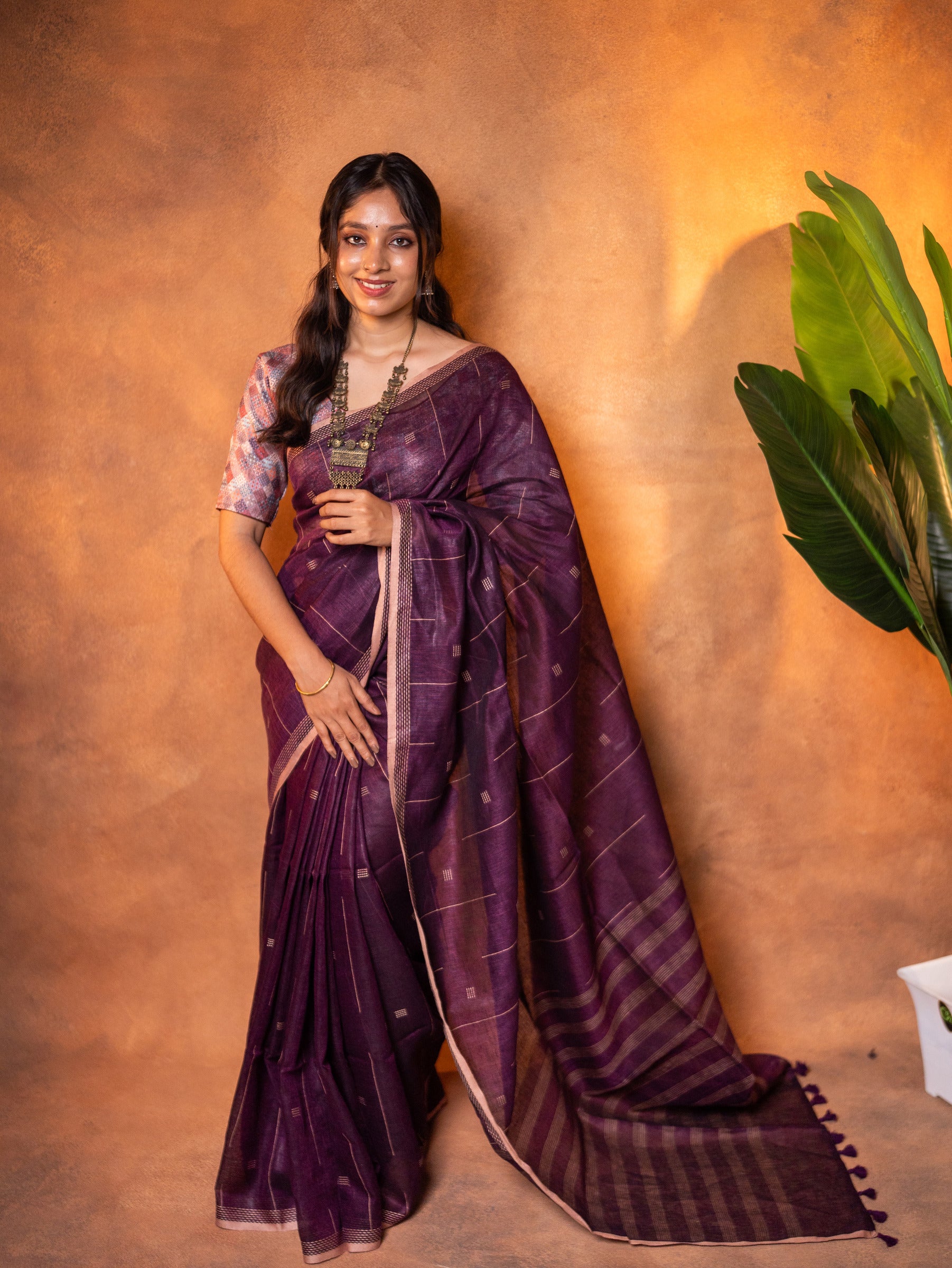 Linen Cotton Saree Deep Plum Purple - LCS-1-6001 - view 1